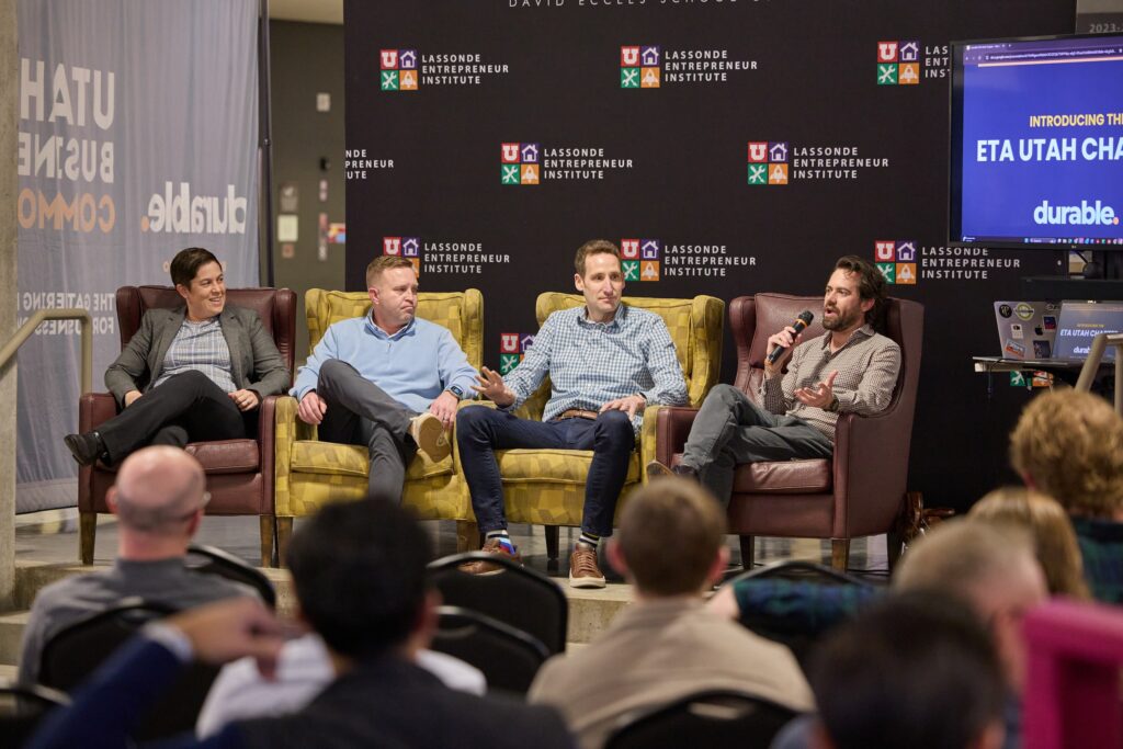A chapter panel on stage at a Durable launch event